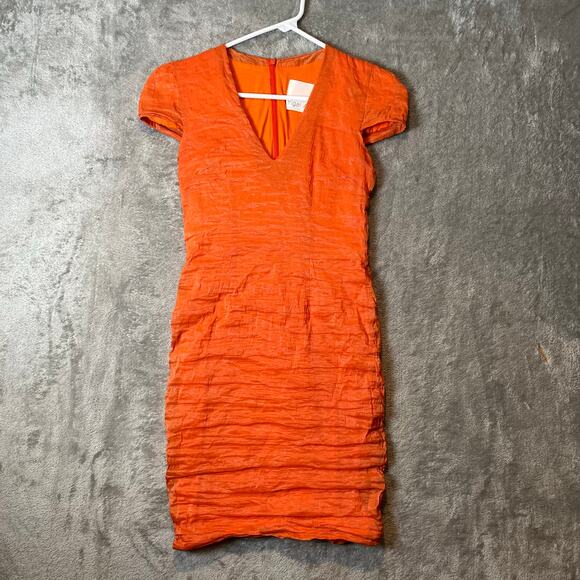 Yigal Azrouel Orange V-Neck Crinkle Bodycon Dress Size‎ 2 - Picture 1 of 8